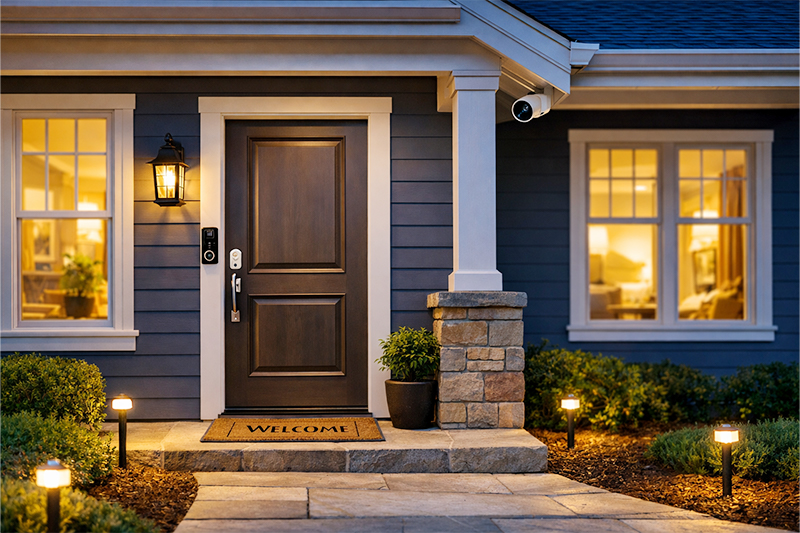 Modern home entry with video doorbell and smart lock at dusk