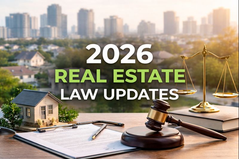 2026 real estate law updates illustrated with a residential neighborhood, legal gavel, contract, and scale of justice representing property regulations