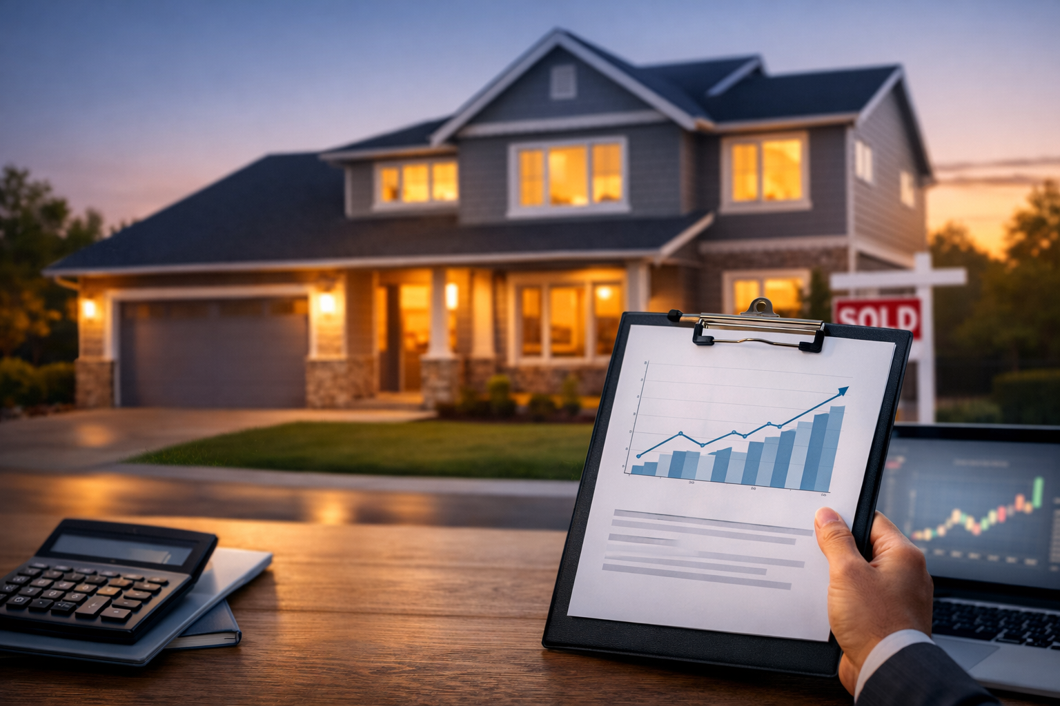 Strategic home pricing concept with market data tools and a home for sale in the background.