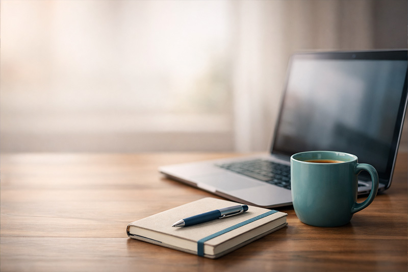 Modern desk scene with a laptop, coffee mug, notebook, and pen on a wooden surface, softly lit by warm window light with shallow depth of field and open space on the left for headline text.