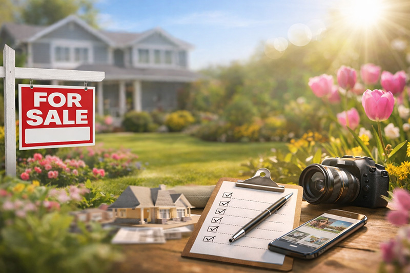 Sunlit suburban home with landscaped yard and for sale sign during spring selling season preparation.