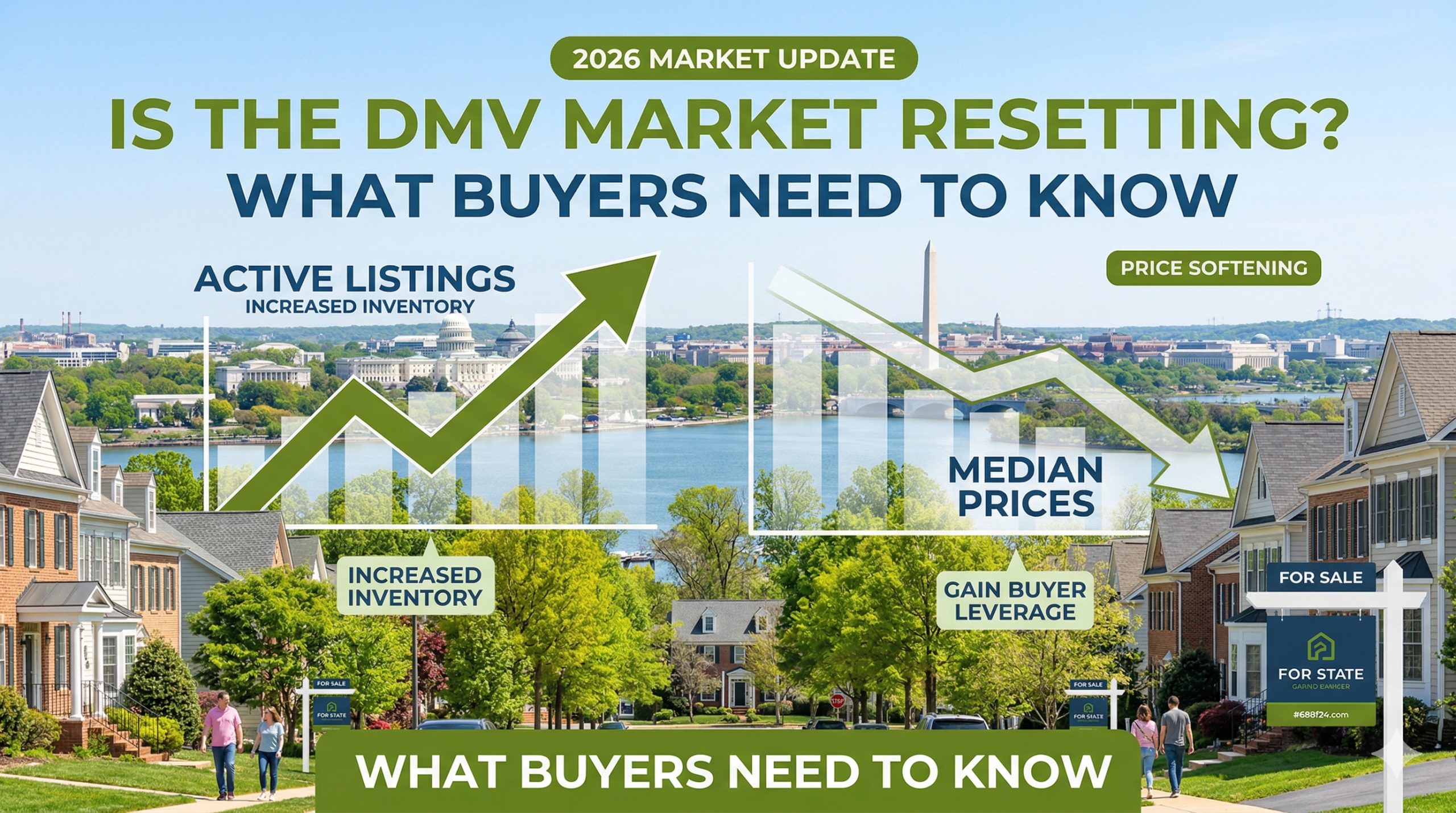 Infographic illustrating the DMV market reset in 2026 with D.C. skyline and suburban homes