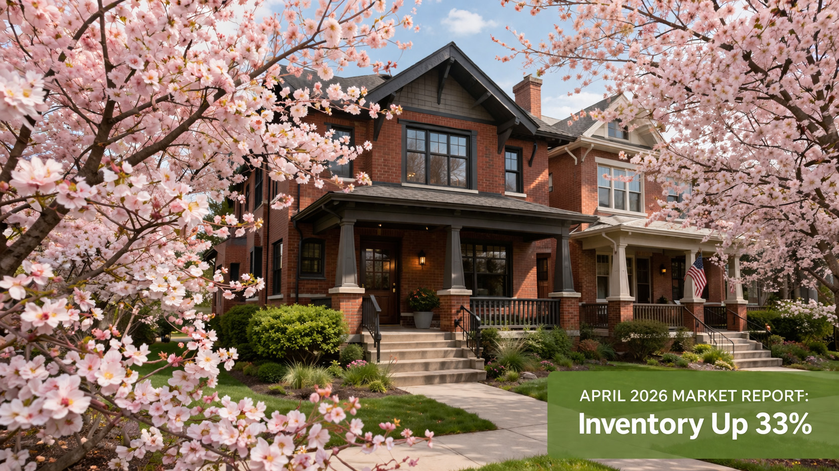 Modern red brick DC rowhome with spring cherry blossoms — DMV real estate market April 2026 update.
