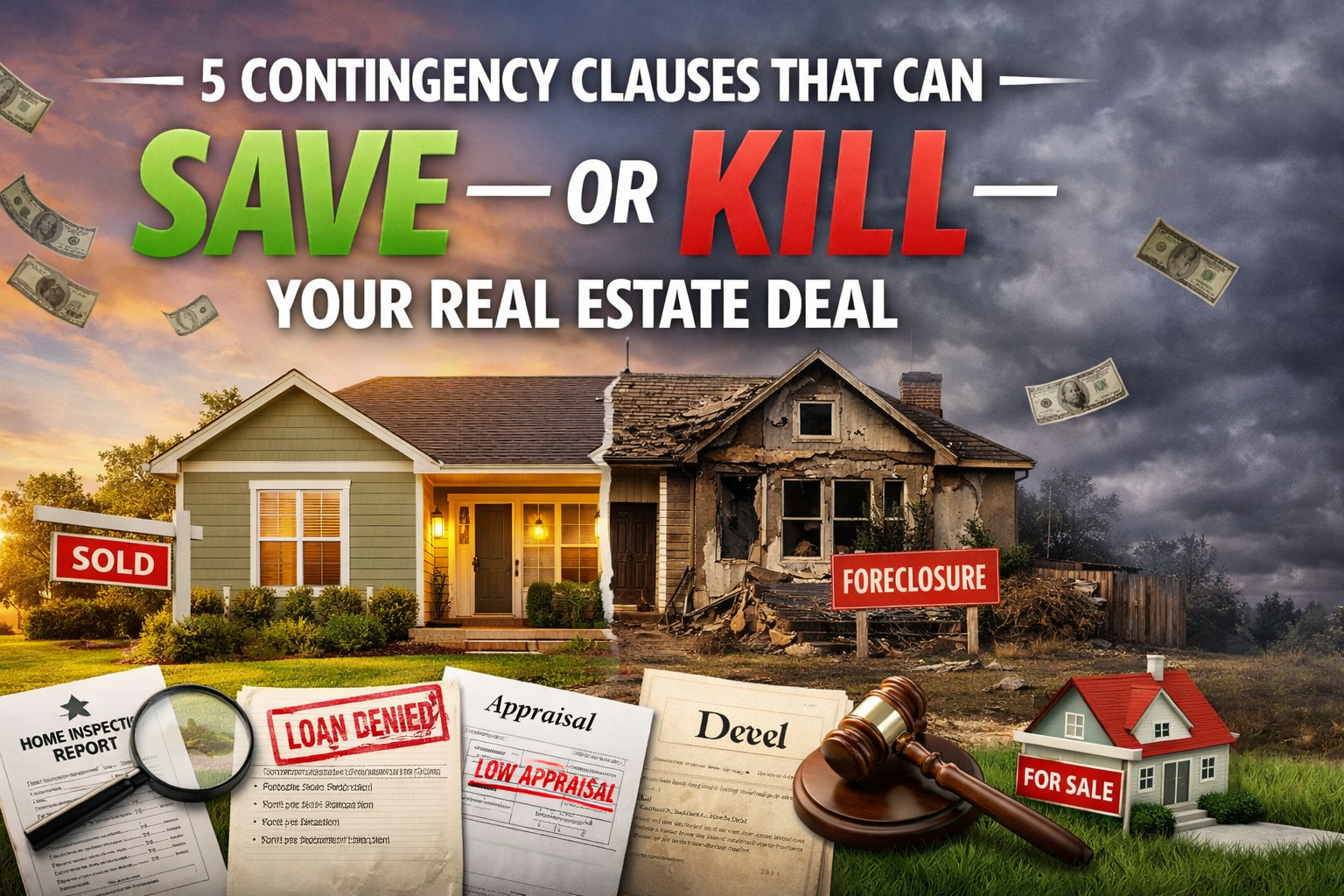 Landscape header image for a real estate blog showing a split house—one side well-maintained with a “Sold” sign, the other side dilapidated with a “Foreclosure” sign—highlighting financial documents and a gavel, emphasizing how contingency clauses can save or ruin a deal.