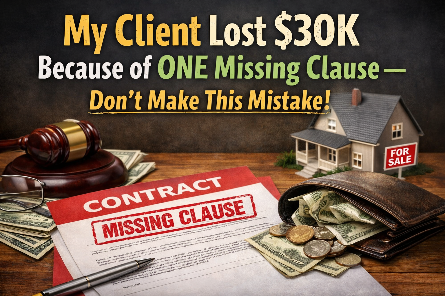 Real estate contract with missing clause warning showing how a homebuyer could lose $30,000 due to a missing contingency in a property purchase agreement.