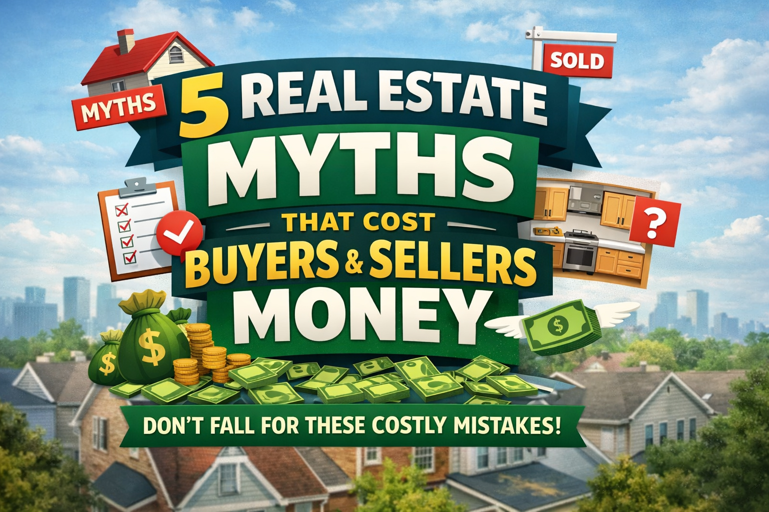 Illustration showing 5 real estate myths that cost buyers and sellers money, with home icons, dollar bills, and housing symbols.