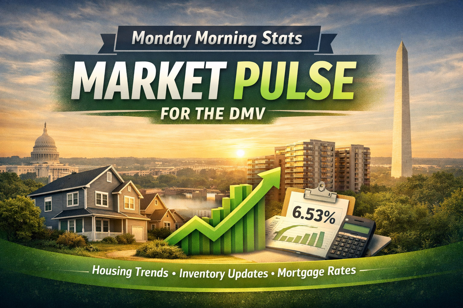 Monday Morning Stats DMV housing market update showing Washington DC skyline, rising home trends, and mortgage rates graphic