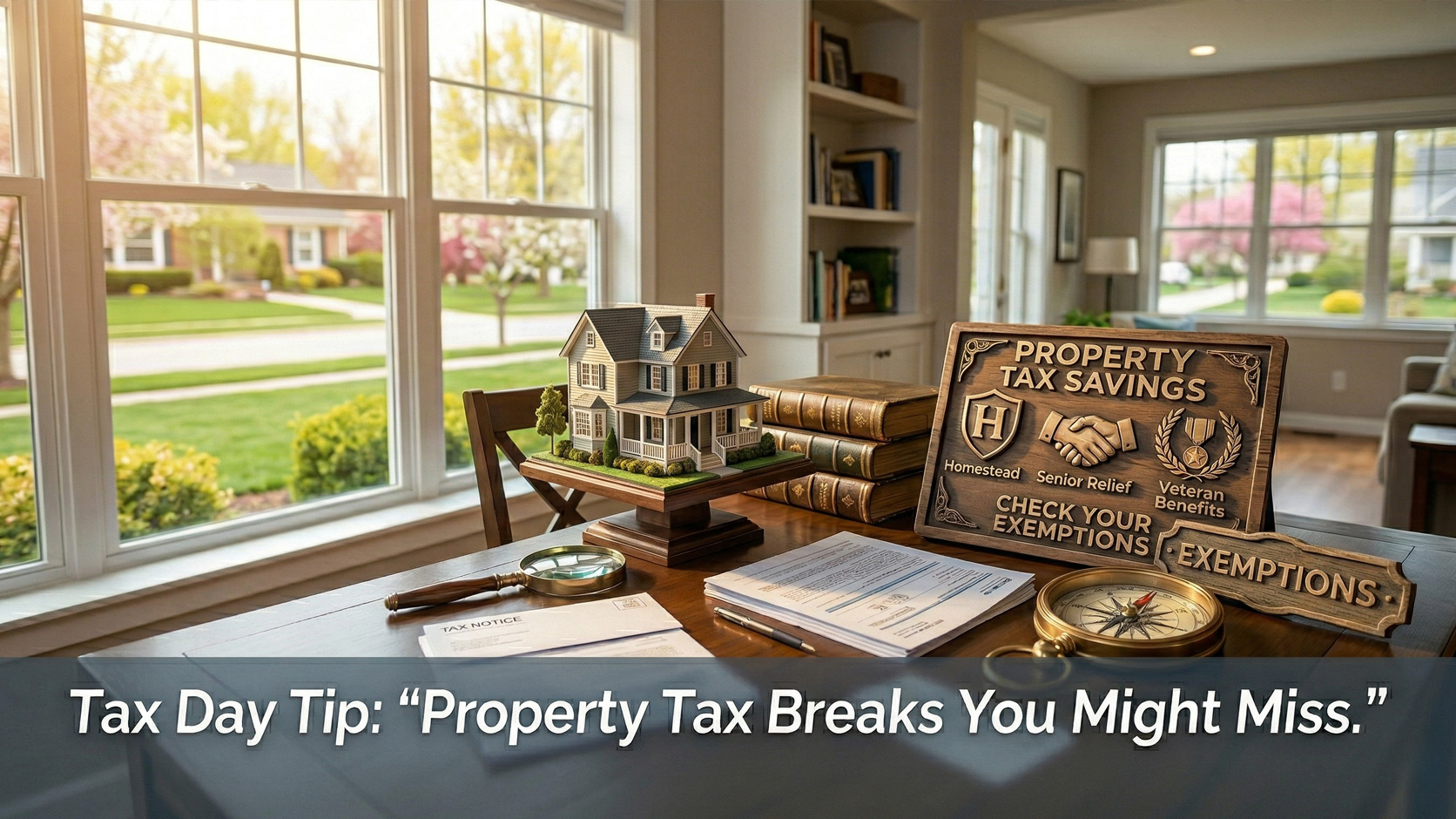Home office desk with property tax documents, a model house, and a decorative sign highlighting Homestead, Senior, and Veteran tax exemptions.