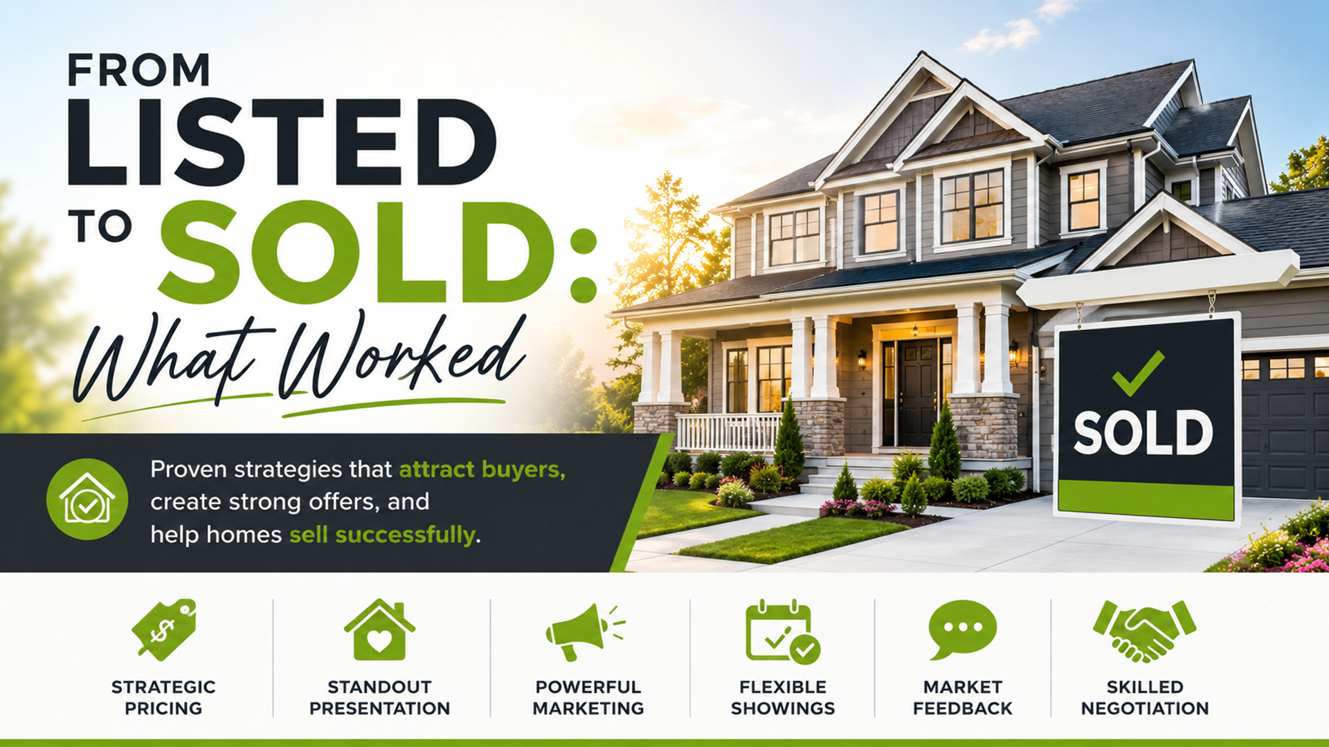 Modern real estate home with sold sign representing proven home selling strategies from listed to sold