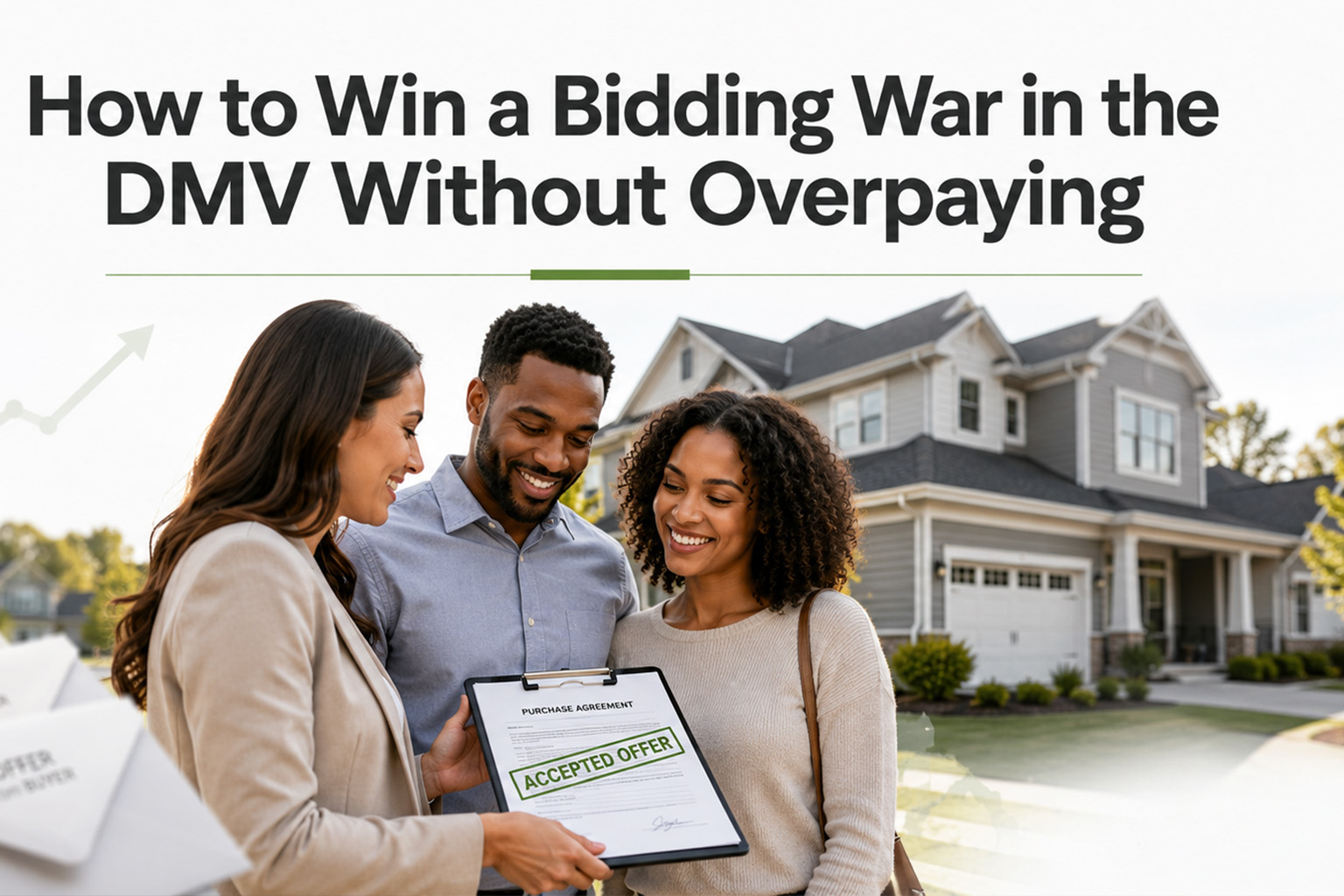 Professional homebuyers and a real estate agent reviewing an accepted offer in front of a DMV home, representing smart strategies to win a bidding war without overpaying.