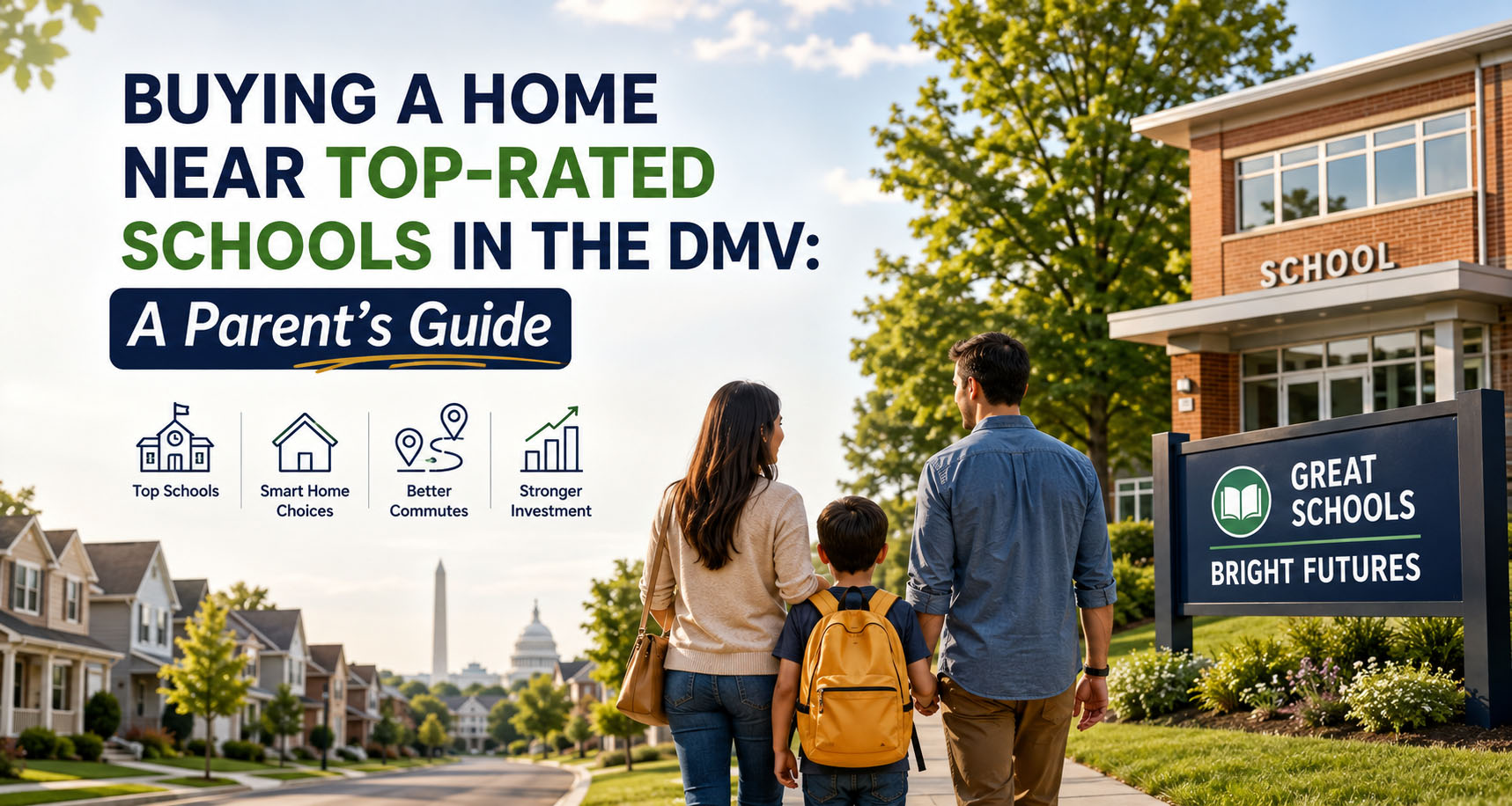 Suburban homes in the DMV representing a parent’s search for a home near schools